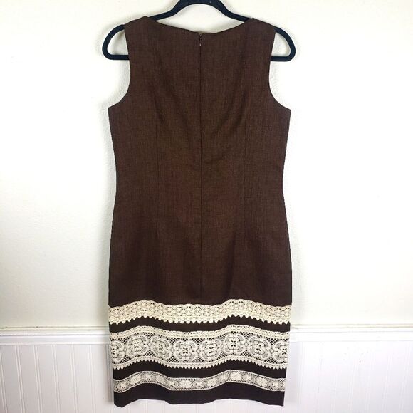 Women's David Meister Brown Tweed White Lace Sleeveless Dress Size 10/Med - Picture 2 of 11
